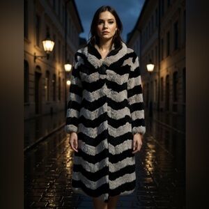 Vintage Style Chevron Rabbit Fur Coat